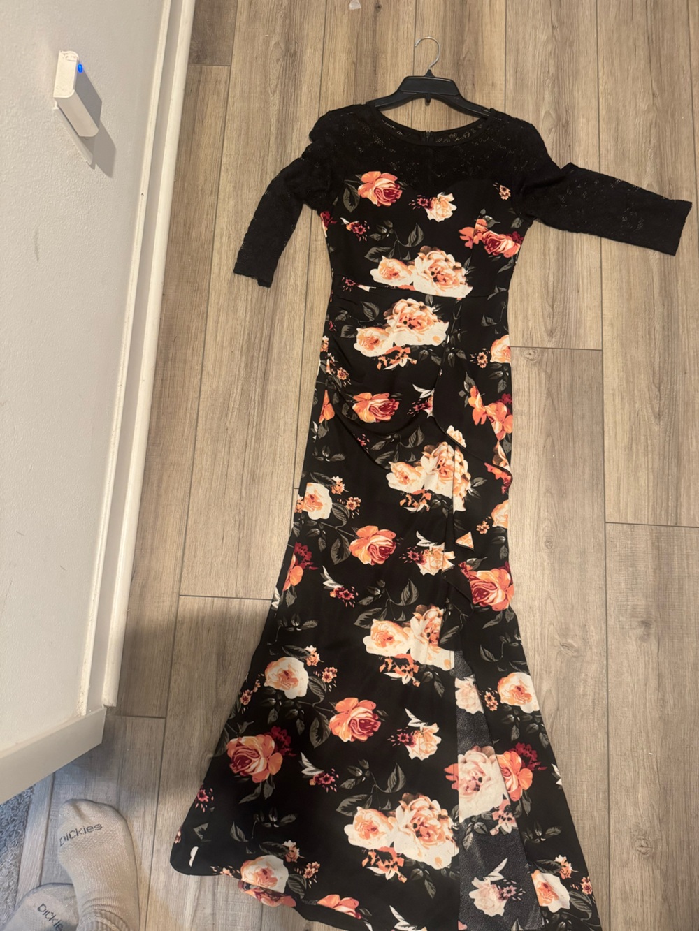 Black Floral Maxi Dress with Peach Rose Print